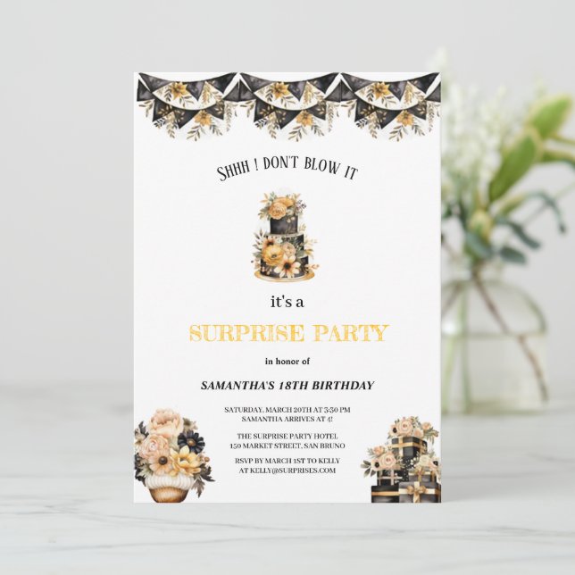 the most elegant black and gold birthday party  invitation (Standing Front)