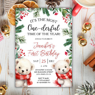 The Most ONEderful Bears Christmas 1st Birthday Invitation