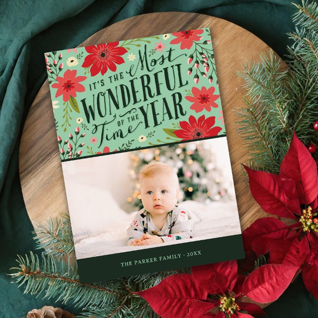 The Most Wonderful Time of Year Floral Photo Holiday Card (Creator Uploaded)