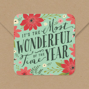 The Most Wonderful Time of Year Holiday Floral Square Sticker