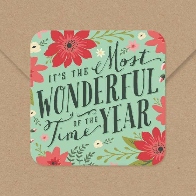 The Most Wonderful Time of Year Holiday Floral Square Sticker (Creator Uploaded)