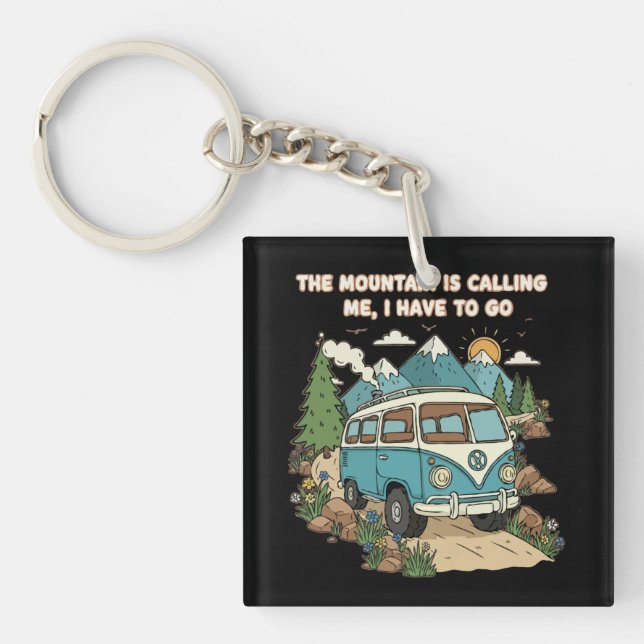 The Mountain Is Calling Retro Camper Van Nature  Key Ring (Front)