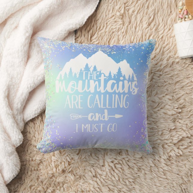 The Mountains Are Calling Blue Purple Glitter Cushion (Blanket)