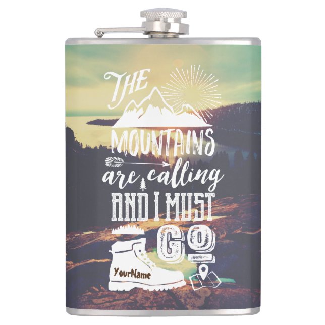 The Mountains are Calling Typography Your Photo Hip Flask (Front)