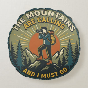The Mountains Are Calling Vintage Hiking Badg Round Cushion