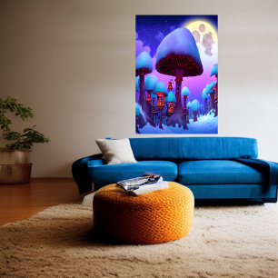 The mushroom forest, night, moon, snow    AI Art  Poster