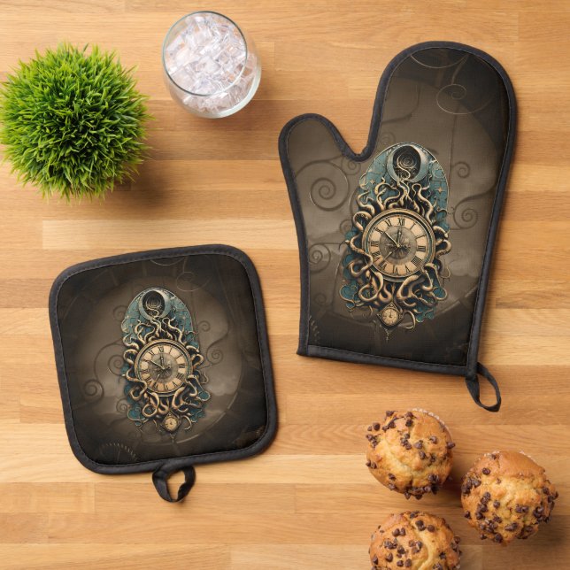 The mysterious steampunk movement. oven mitt & pot holder set (Top Down)