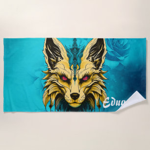 The mystical fox head, noble and mysterious. beach towel
