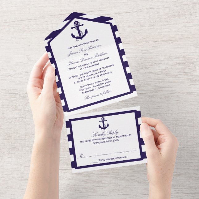 The Nautical Anchor Navy Stripe Wedding Collection All In One Invitation (Tearaway)