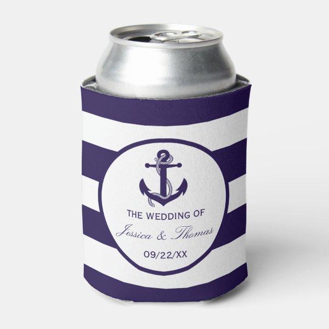 The Nautical Anchor Navy Stripe Wedding Collection Can Cooler (Can Front)