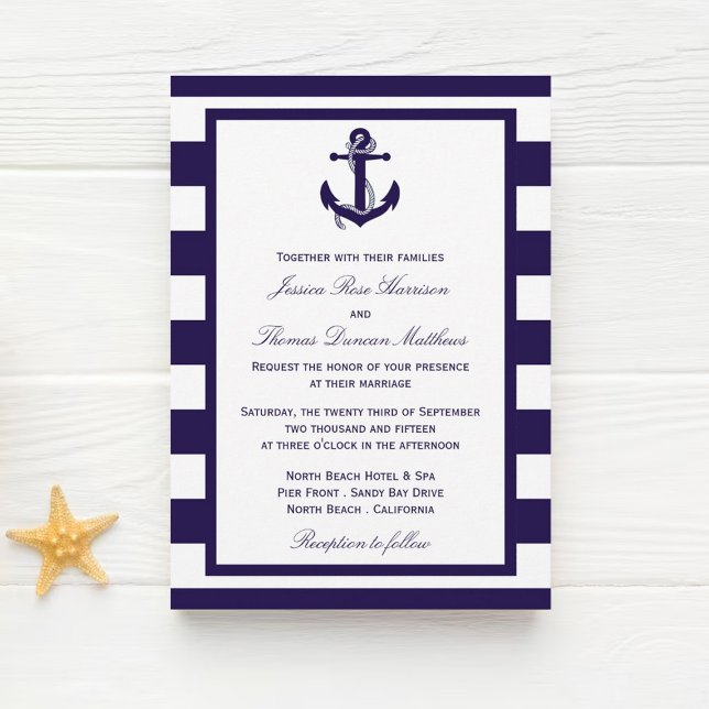 The Nautical Anchor Navy Stripe Wedding Collection Invitation (Creator Uploaded)