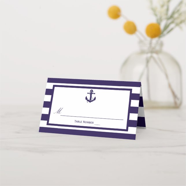 The Nautical Anchor Navy Stripe Wedding Collection Place Card (Front)