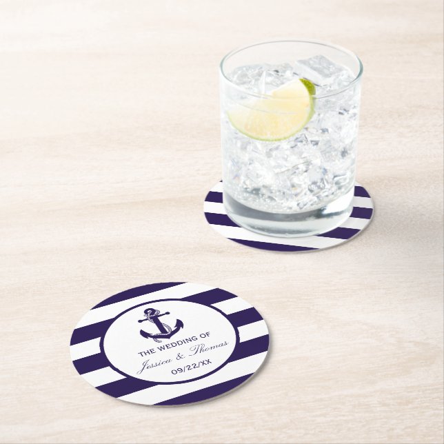 The Nautical Anchor Navy Stripe Wedding Collection Round Paper Coaster (Insitu)