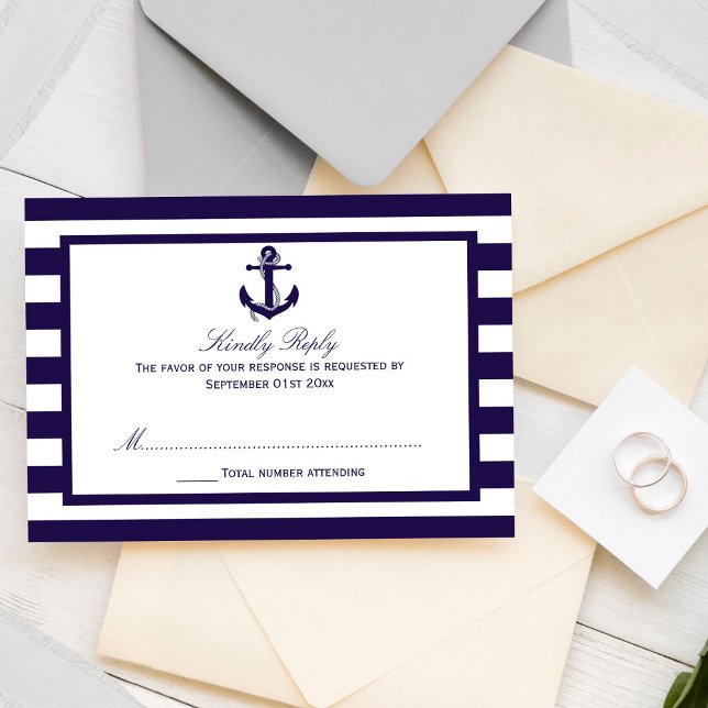 The Nautical Anchor Navy Stripe Wedding Collection RSVP Card (Creator Uploaded)