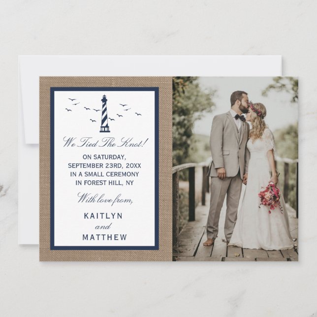 The Nautical Lighthouse Burlap Wedding Collection Announcement (Front)