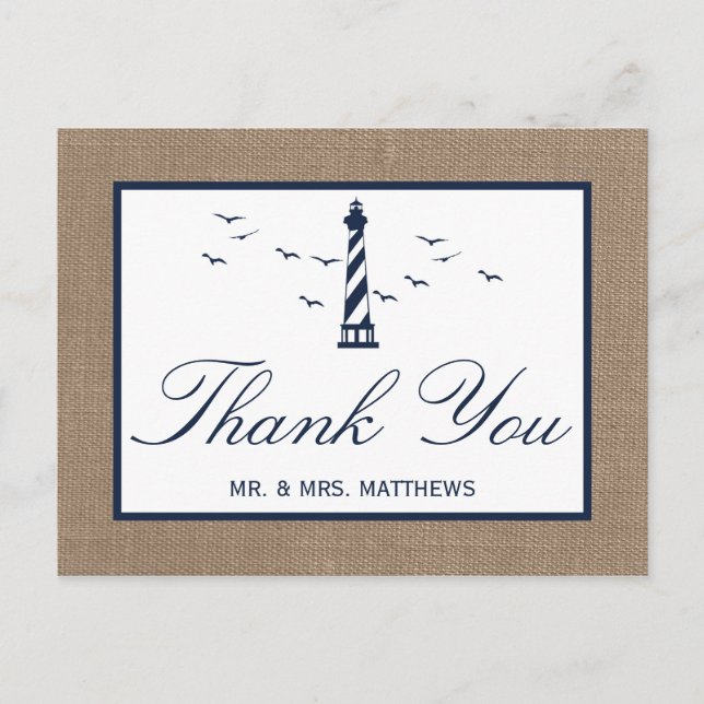 The Nautical Lighthouse Burlap Wedding Collection Announcement Postcard (Front)