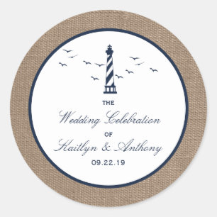 The Nautical Lighthouse Burlap Wedding Collection Classic Round Sticker