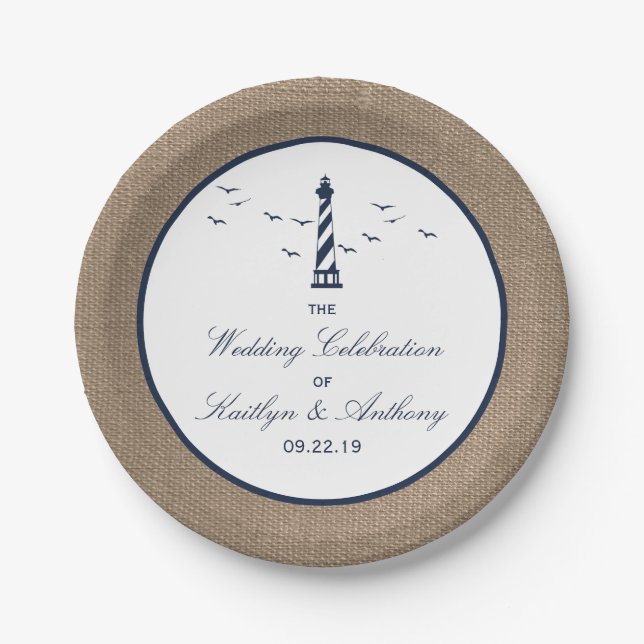 The Nautical Lighthouse Burlap Wedding Collection Paper Plate (Front)