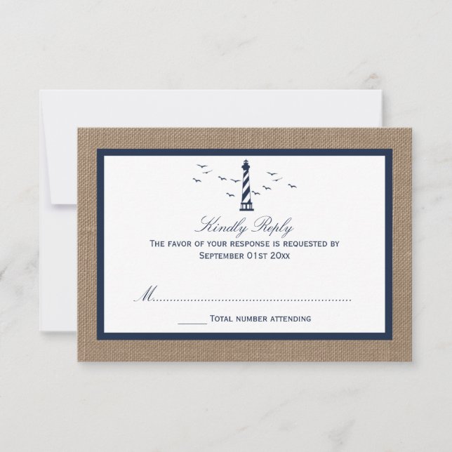 The Nautical Lighthouse Burlap Wedding Collection RSVP Card (Front)