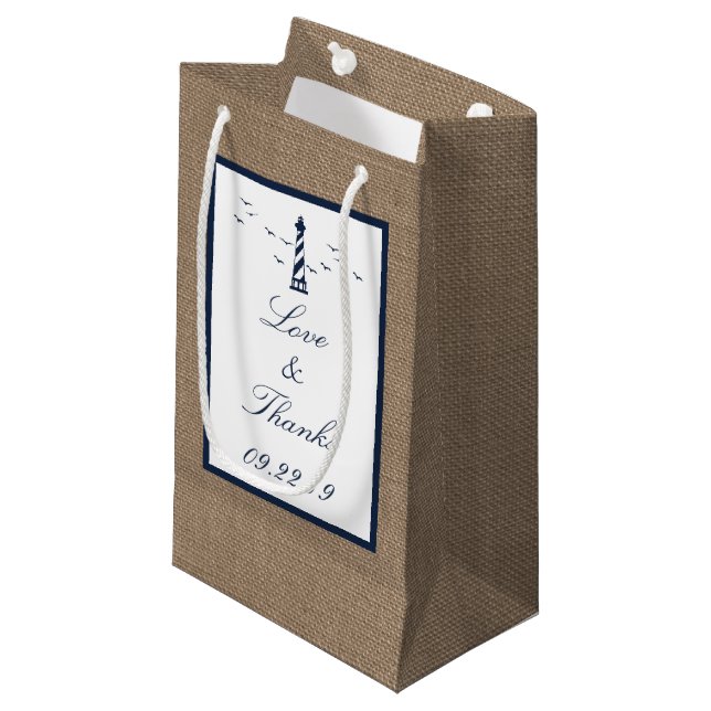 The Nautical Lighthouse Burlap Wedding Collection Small Gift Bag (Front Angled)