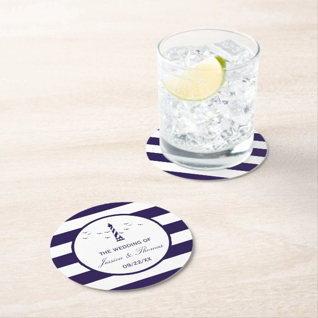 The Nautical Lighthouse Wedding Collection Round Paper Coaster (Insitu)