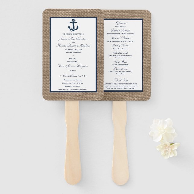 The Navy Anchor Burlap Beach Wedding Collection Hand Fan (Front and Back)