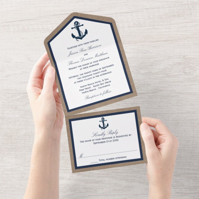 The Navy Anchor On Burlap Beach Wedding Collection All In One Invitation (Tearaway)