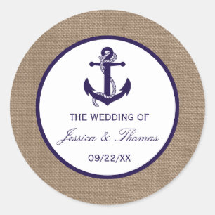 The Navy Anchor On Burlap Beach Wedding Collection Classic Round Sticker