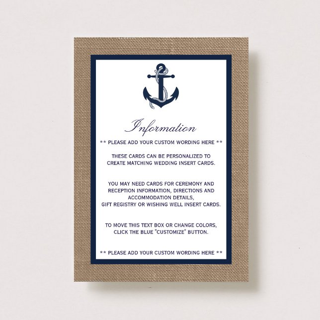The Navy Anchor On Burlap Beach Wedding Collection Enclosure Card (Creator Uploaded)