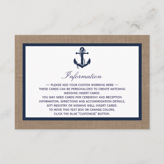 The Navy Anchor On Burlap Beach Wedding Collection Enclosure Card (Front)
