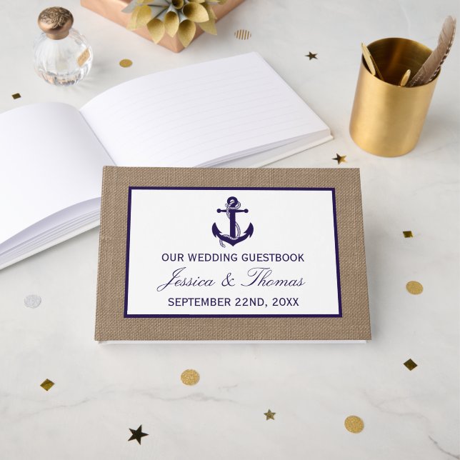 The Navy Anchor On Burlap Beach Wedding Collection Guest Book (Front Open)