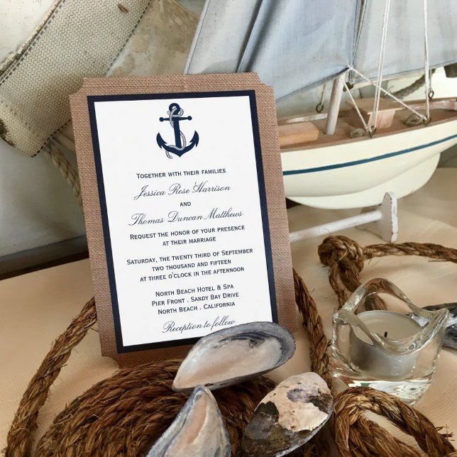 The Navy Anchor On Burlap Beach Wedding Collection Invitation (Creator Uploaded)