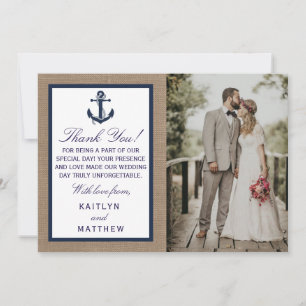 The Navy Anchor On Burlap Beach Wedding Collection Thank You Card