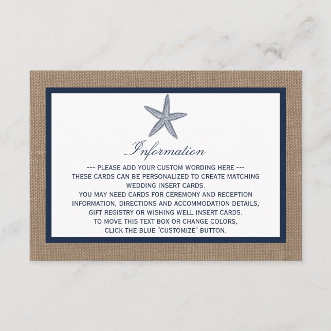 The Navy Starfish Burlap Beach Wedding Collection Enclosure Card (Front)