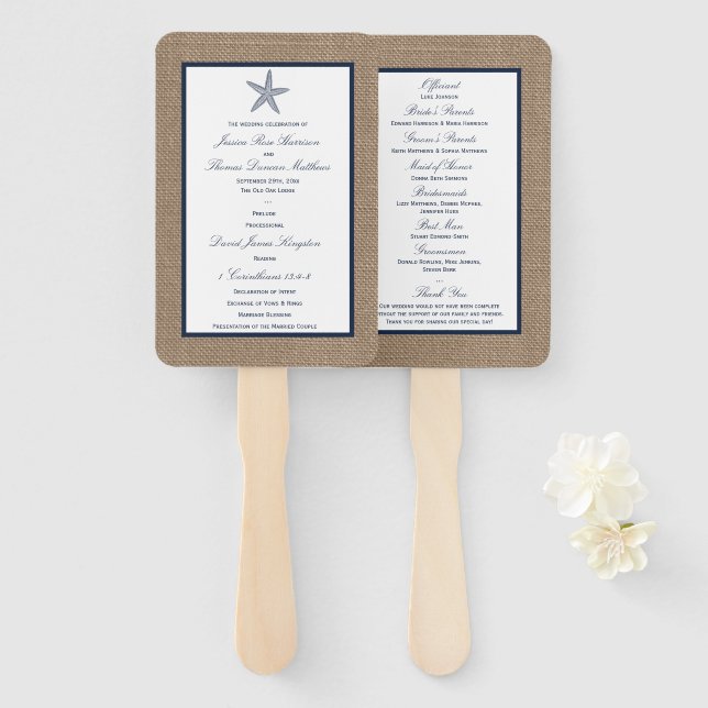 The Navy Starfish Burlap Beach Wedding Collection Hand Fan (Front and Back)