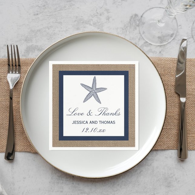 The Navy Starfish Burlap Beach Wedding Collection Napkin (Creator Uploaded)