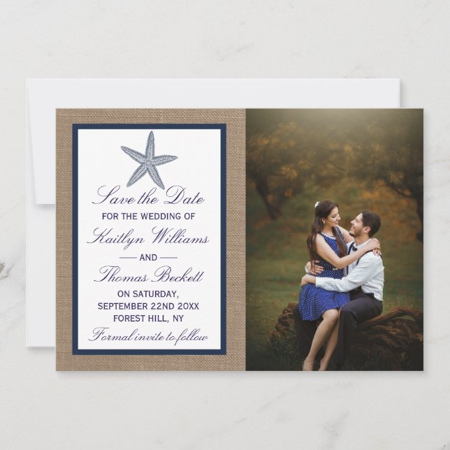The Navy Starfish Burlap Beach Wedding Collection Save The Date (Front)