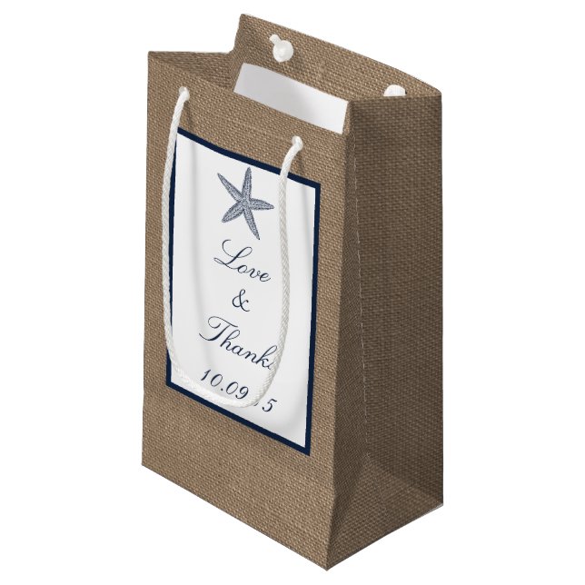 The Navy Starfish Burlap Beach Wedding Collection Small Gift Bag (Front Angled)