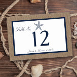 The Navy Starfish Burlap Beach Wedding Collection Table Number<br><div class="desc">The navy starfish on burlap beach wedding collection is perfect for any couple planning a romantic marriage by the sea. The rustic burlap effect background gives these table number cards a boho-chic feel, while the nautical navy blue is a fresh and cool colour scheme that can be used throughout your...</div>