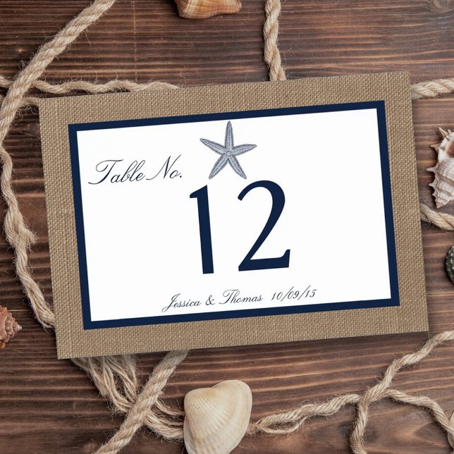 The Navy Starfish Burlap Beach Wedding Collection Table Number (Creator Uploaded)