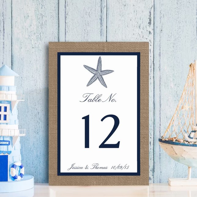 The Navy Starfish Burlap Beach Wedding Collection Table Number (Creator Uploaded)