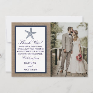 The Navy Starfish Burlap Beach Wedding Collection Thank You Card
