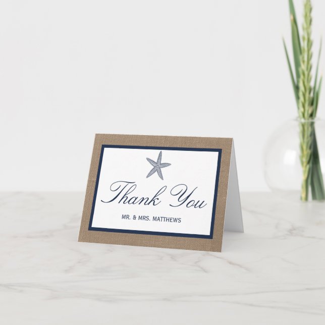 The Navy Starfish Burlap Beach Wedding Collection Thank You Card (Front)