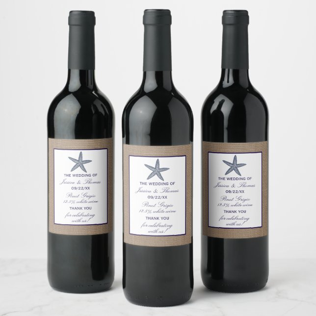 The Navy Starfish Burlap Beach Wedding Collection Wine Label (Bottles)