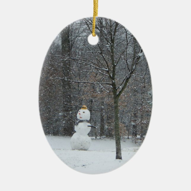 The Neighbour's Snowman Winter Snow Scene Ceramic Ornament (Front)