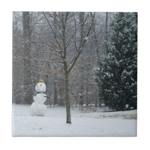 The Neighbour's Snowman Winter Snow Scene Ceramic Tile