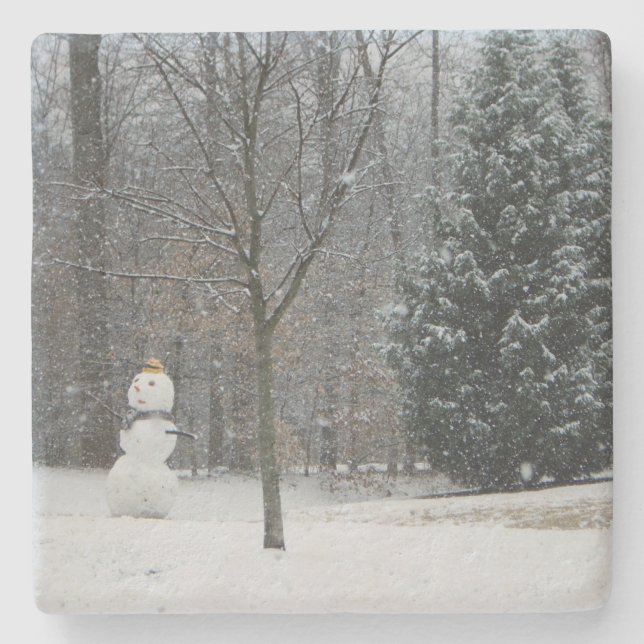 The Neighbour's Snowman Winter Snow Scene Stone Coaster (Front)