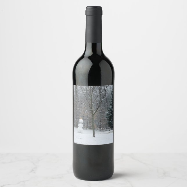 The Neighbour's Snowman Winter Snow Scene Wine Label (Front)