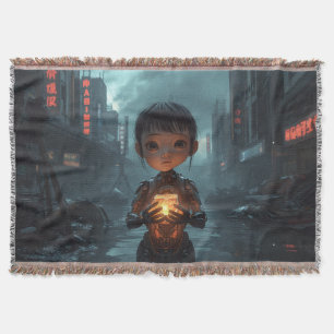 The Neon Refugee Girl: Futuristic Cyberpunk  Throw Blanket