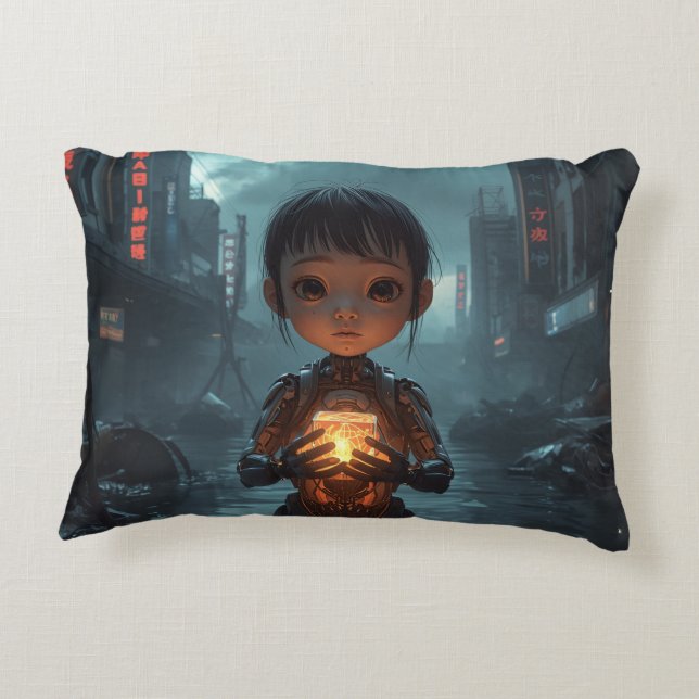The Neon Refugee Girl: Sci Fi Cyberpunk Pillow (Back)
